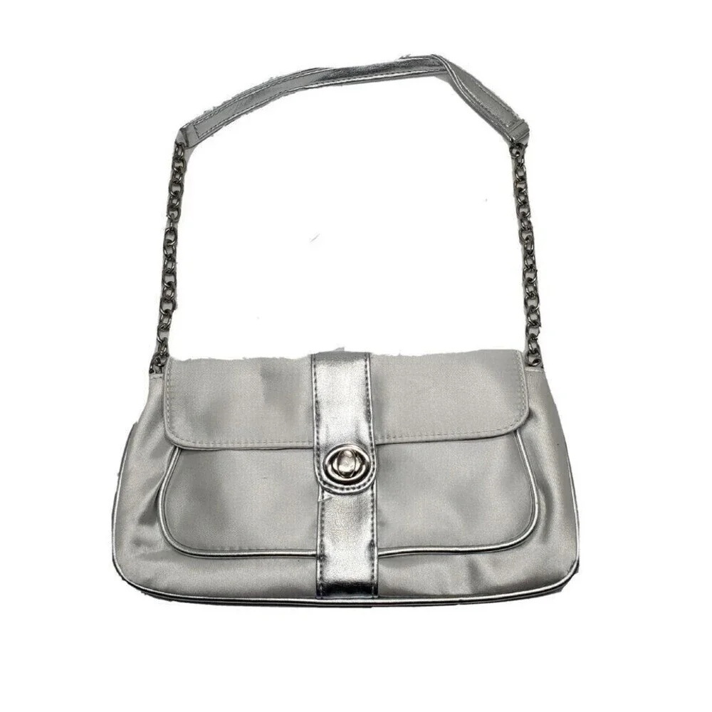 Vintage Silver Clutch Purse Fabric Wedding Evening Bag Chain Strap Lined Handbag